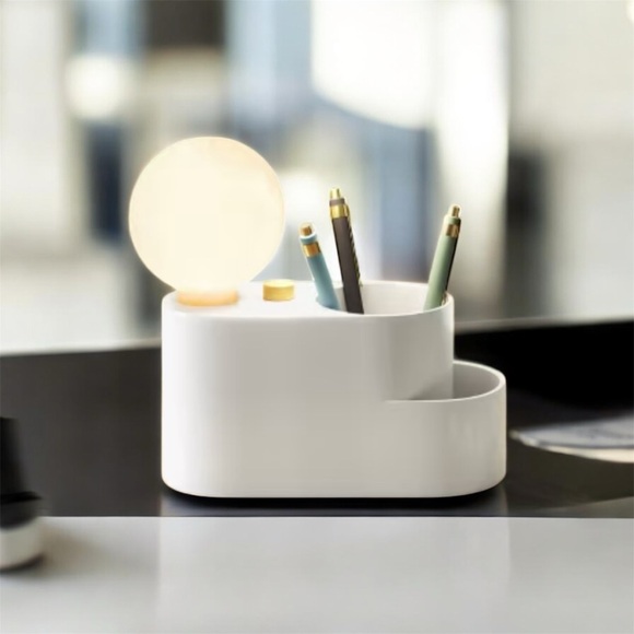 None Other - Elegant White Desk Organizer with LED Sphere